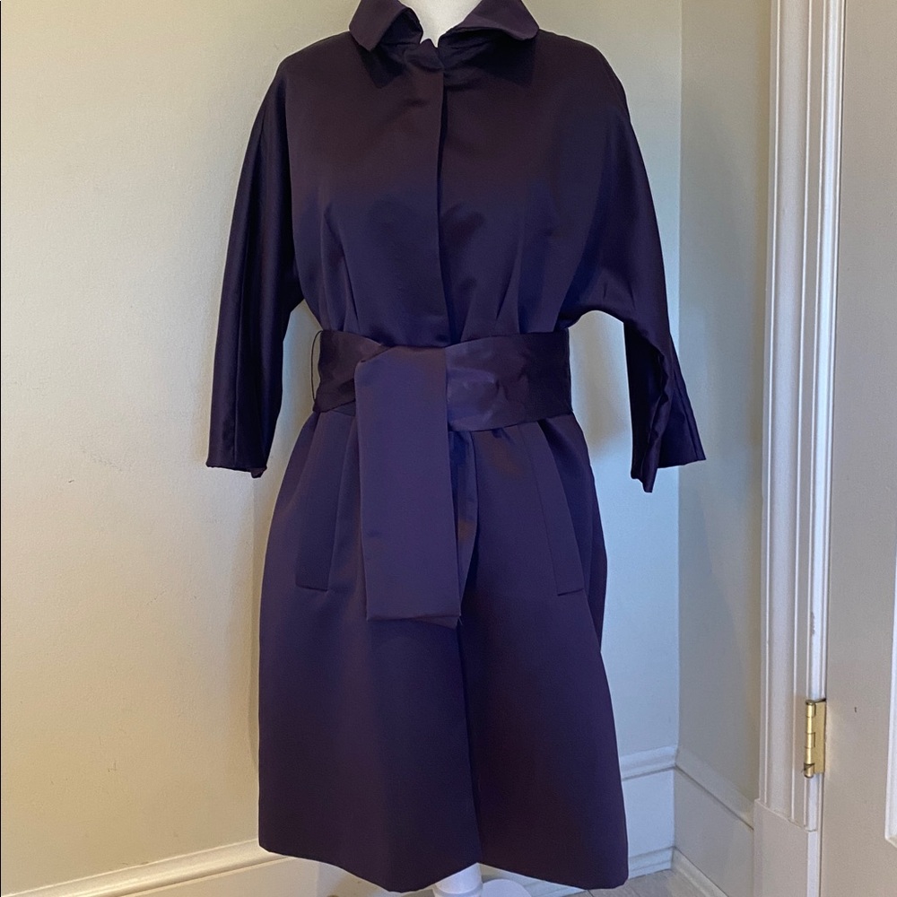 NWT Simply Vera Wang trench evening coat deep purple satin wide sash Sz XS